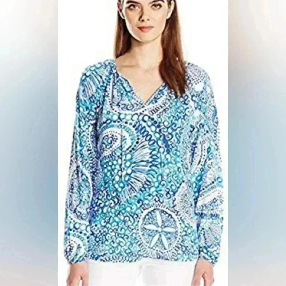 Lilly Pulitzer Willa Blouse Top Womens White Blue Long Sleeve Sea Shells Rayon S
